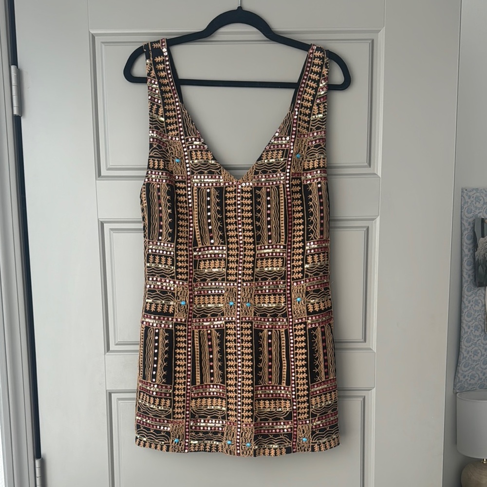 Free People Brown and Cream Sheath Mini Dress Sleeveless Scoop Neck